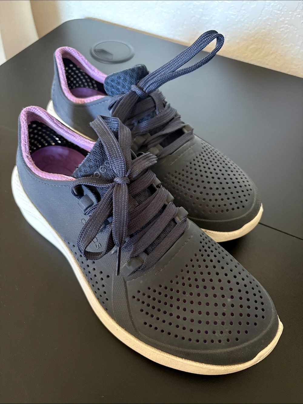 Crocs Navy Perforated Lace-Up Sneakers with Purple Accent